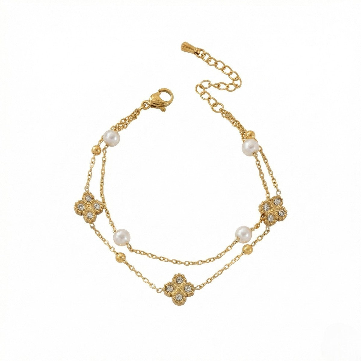 Ατσάλινο Χρυσό Διπλό Βραχιόλι με Πέρλες & Διακοσμητικά Στοιχεία (B1765)