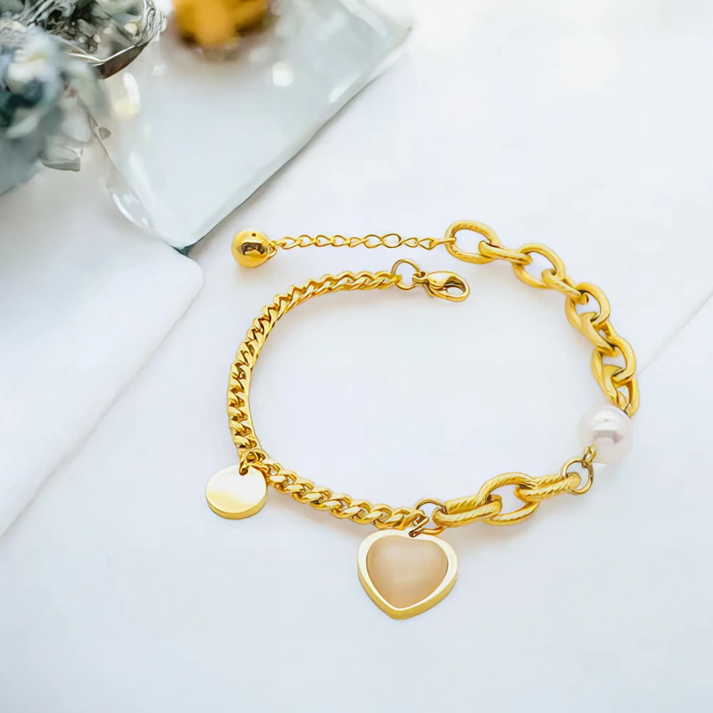 Ατσάλινο βραχιόλι με καρδιά & πέρλα 18k (B3093)