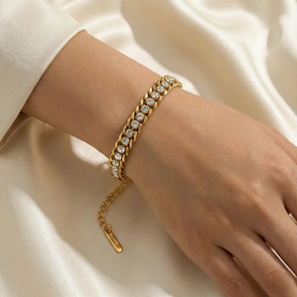 Ατσάλινο βραχιόλι με αλυσίδα & λευκά ζιργκόν – Χρυσό (B3499)