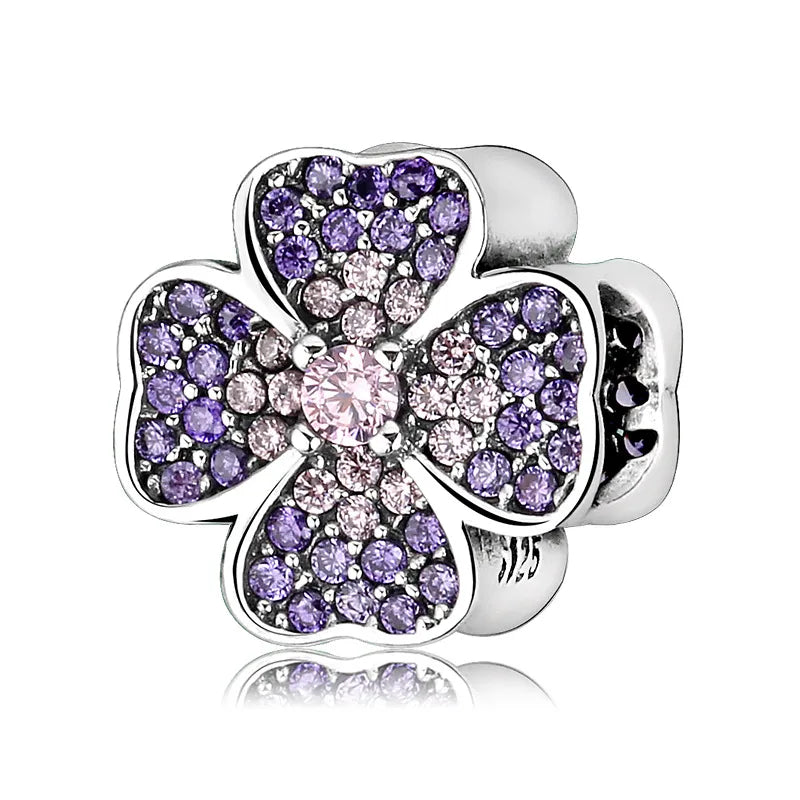Charm τετράφυλλο λουλούδι από ασήμι 925 με μωβ & ροζ ζιργκόν (C1287)