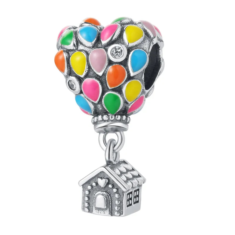 Charm Αερόστατο με Πολύχρωμο Σμάλτο & Σπιτάκι – Ασήμι 925 (C1333)