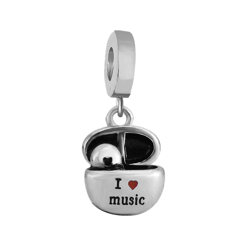 Ασημί Ατσάλινο Charm Ακουστικά "I Love Music" (C3051)