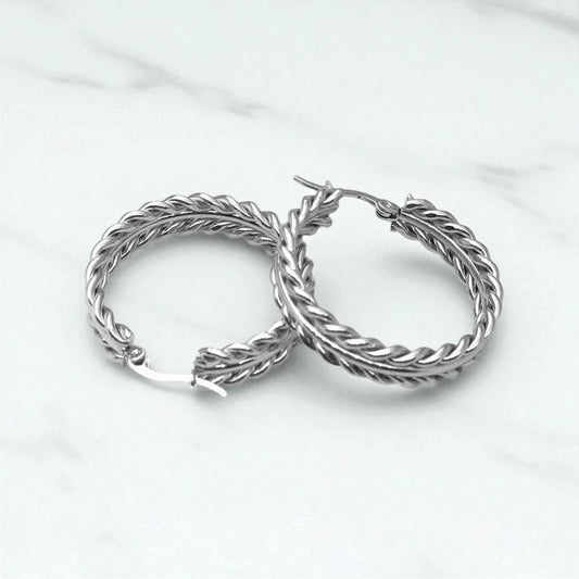 Ατσάλινα Σκουλαρίκια Κρίκοι 3.4cm – Πλεξούδα Ασημί (E1600)