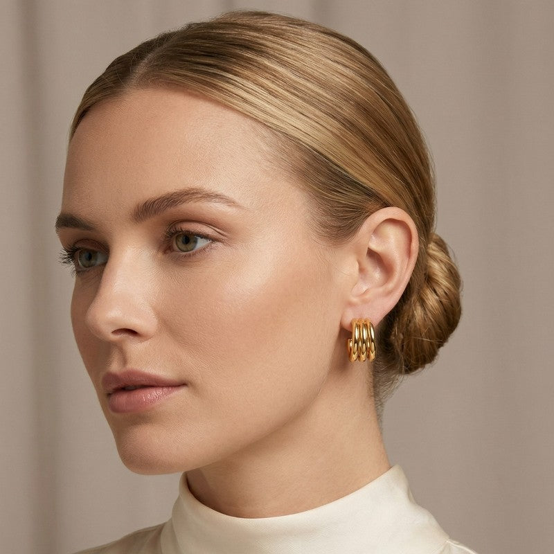 Ατσάλινα καρφωτά σκουλαρίκια τύπου κρίκου με layered σχεδιασμό 2cm (E1647)