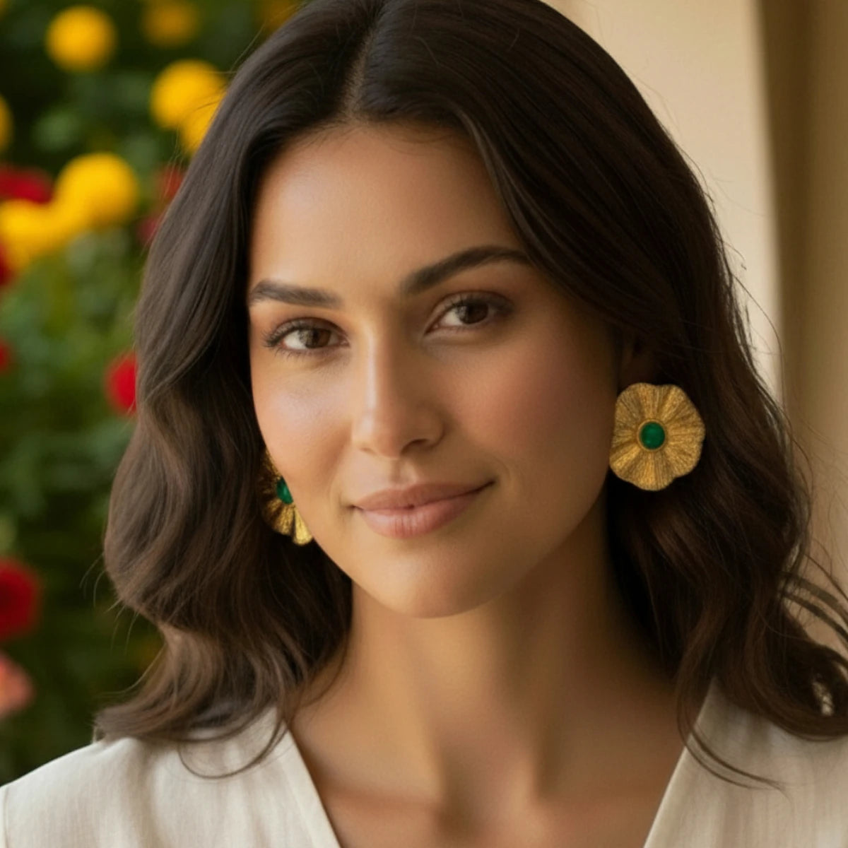 Ατσάλινα σκουλαρίκια σε σχήμα λουλουδιού με πράσινη πέτρα (E3256)