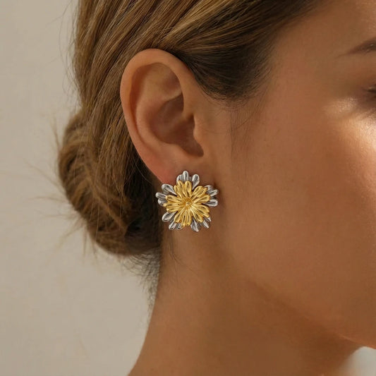 Ατσάλινα δίχρωμα σκουλαρίκια λουλούδι 2.2 cm (E3298)