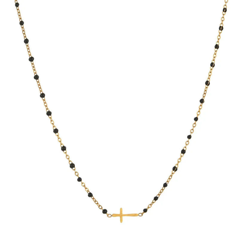 Ατσάλινο κολιέ ροζάριο με μπλε σκούρες χάντρες και σταυρό (N1637)