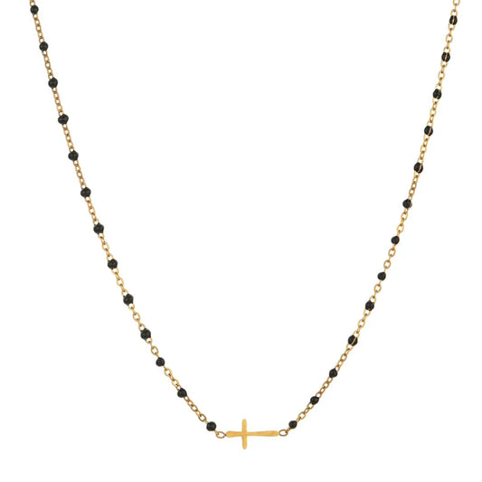 Ατσάλινο κολιέ ροζάριο με μπλε σκούρες χάντρες και σταυρό (N1637)
