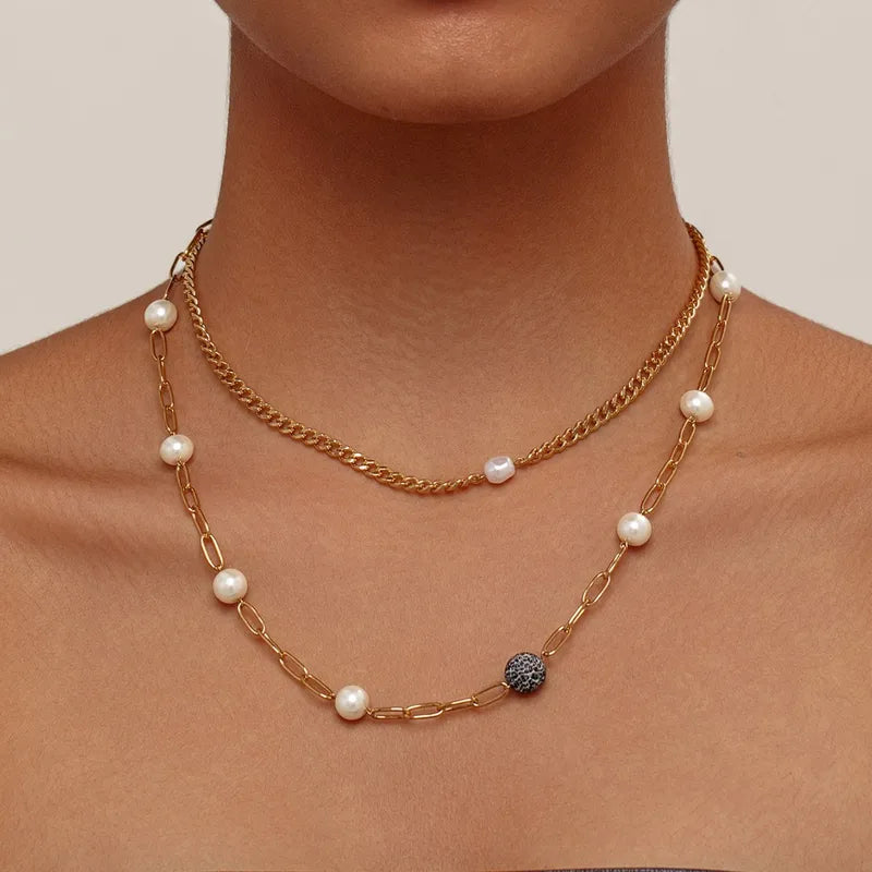 Ατσάλινο Κολιέ Διπλό με Μαργαριτάρια & Κρυστάλλινη Λάβα – Gold (N1837)