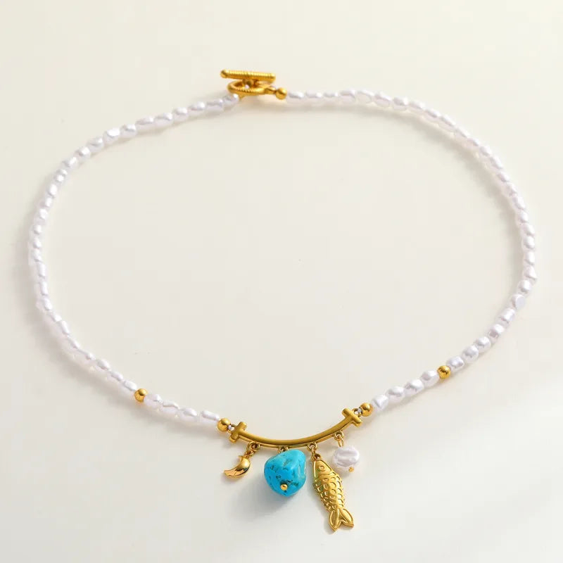 Ατσάλινο Κολιέ με Πέρλες & Θαλασσινά Charms (N1868)