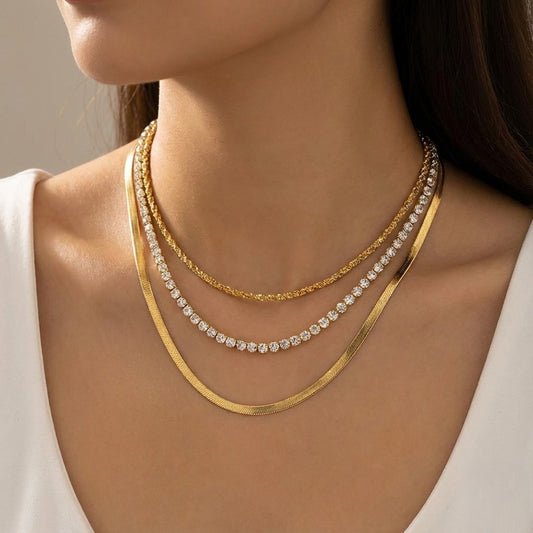 Τριπλό Ατσάλινο Κολιέ Χρυσό με Ζιργκόν – Layered Glam (N3305)