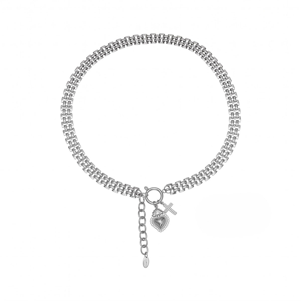 Ασημί Ατσάλινο Κολιέ Choker 316L Καρδιά Σταυρός (N5056)