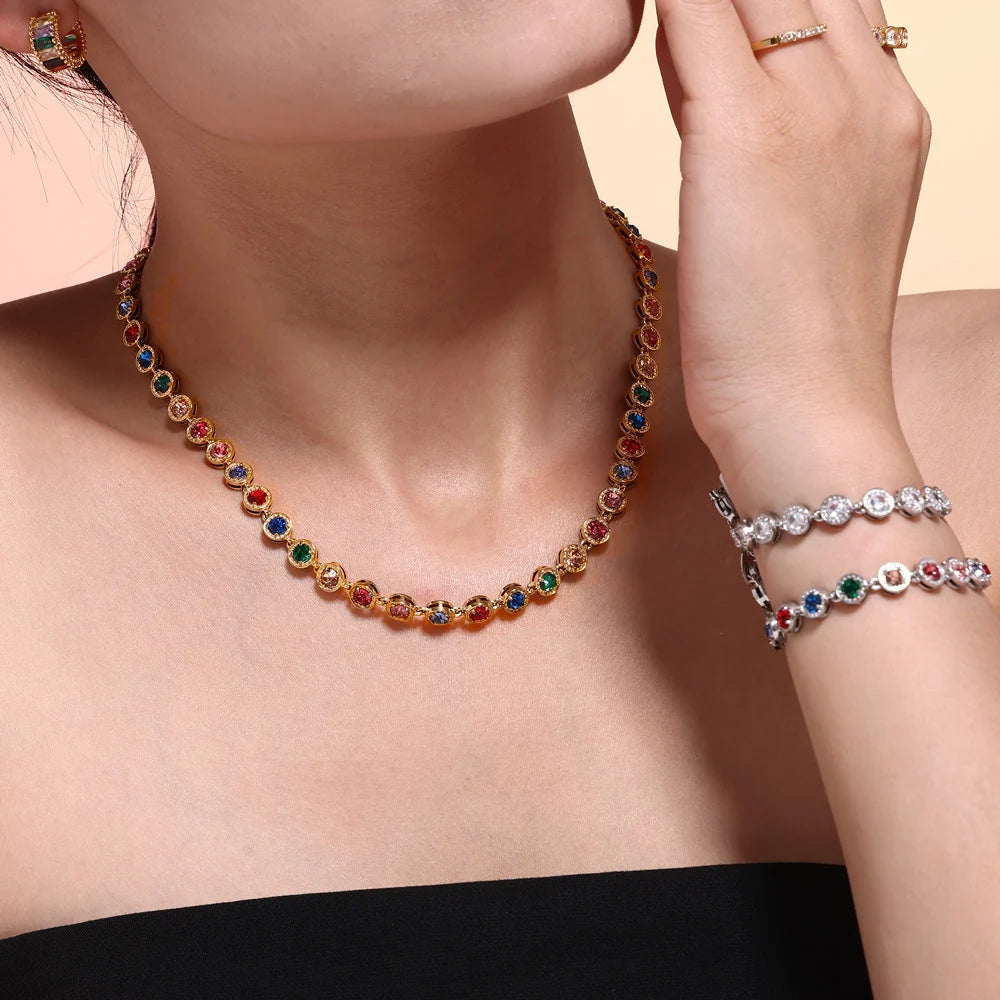 Ασημί Ατσάλινο Κολιέ Choker 316L Πολύχρωμα Ζιργκόν (N5060)