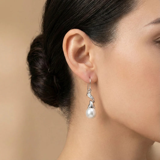 Σκουλαρίκια από Ασήμι 925 με Μαργαριτάρι Γλυκού Νερού & Ζιργκόν 3cm (PE001)