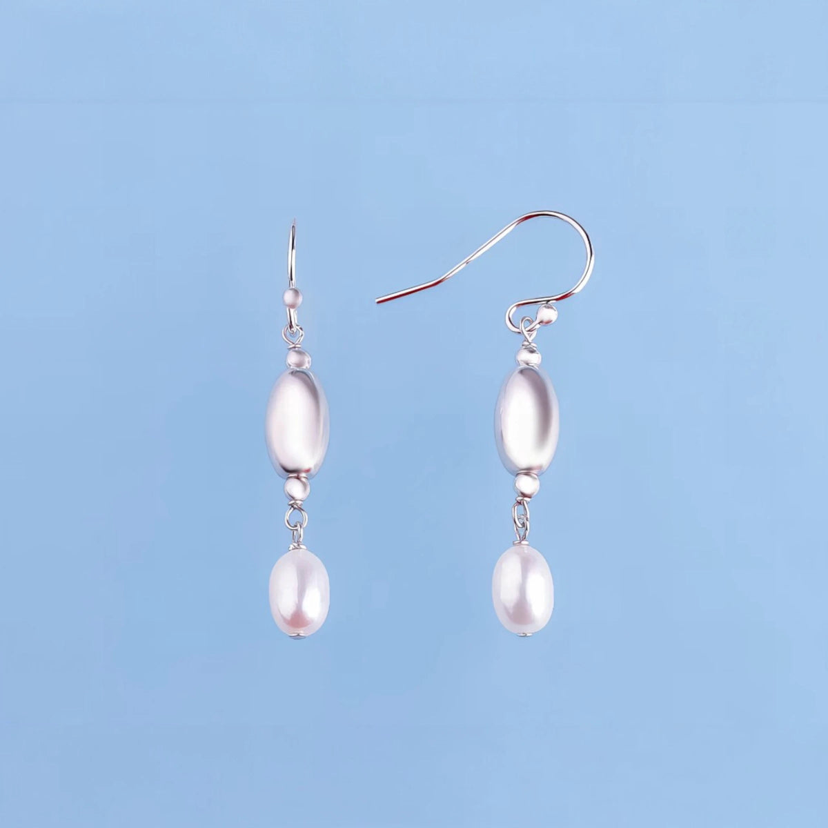 Ασημένια 925 Σκουλαρίκια Μάκρος 3.5cm με Οβάλ Μαργαριτάρια Γλυκού Νερού (PE019) - charmy.gr