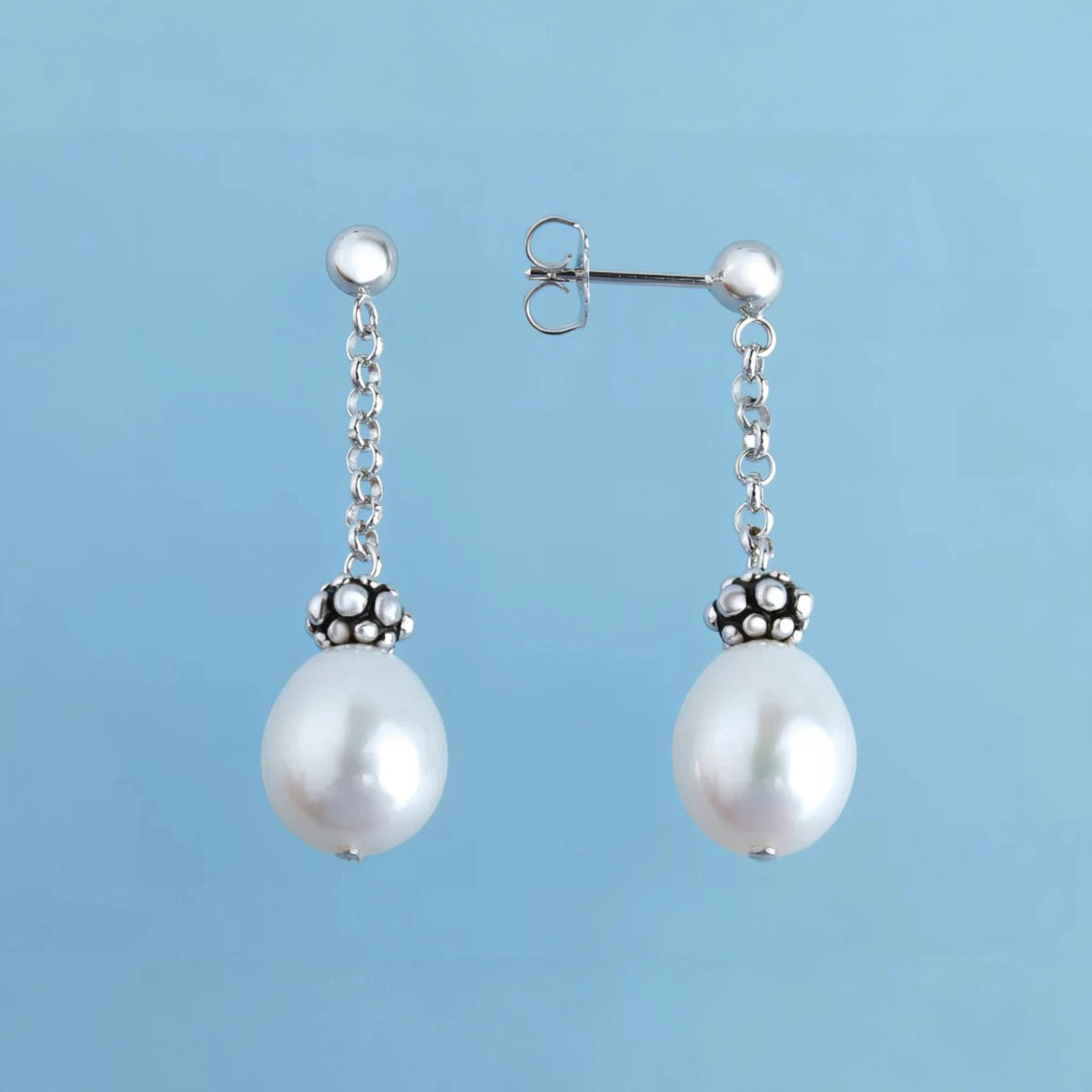 Ασημένια 925 Σκουλαρίκια Μάκρος 3.5cm με Οβάλ Μαργαριτάρια Γλυκού Νερού (PE021) - charmy.gr