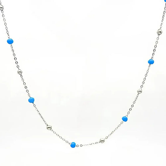 Ασημί Minimal Ροζάριο Κολιέ με Γαλάζιες Χάντρες (N3286) - charmy.gr