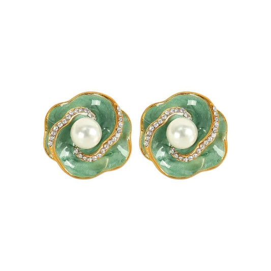 Ατσάλινα καρφωτά σκουλαρίκια λουλούδι με πέρλα & ζιργκόν 1.8cm (E1541) - charmy.gr