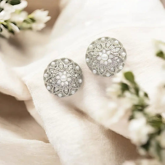 Ατσάλινα καρφωτά σκουλαρίκια λούλουδι με πέρλες & ζιργκόν 1.9cm (E3092) - charmy.gr