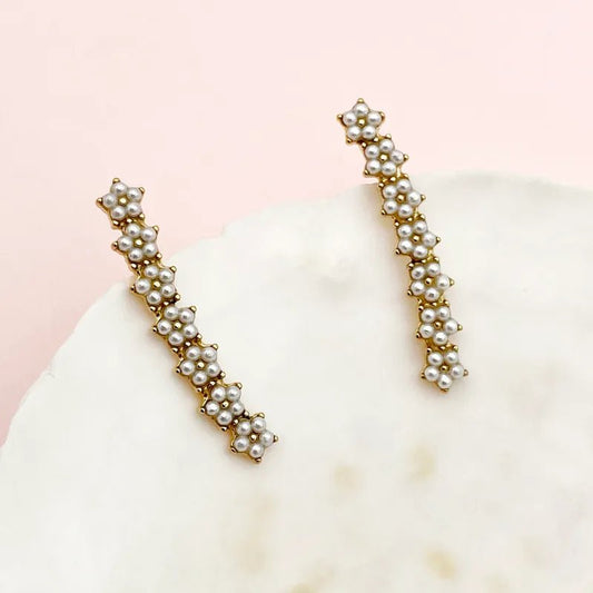 Ατσάλινα καρφωτά σκουλαρίκια με μικρές πέρλες 3.5cm (E1548) - charmy.gr