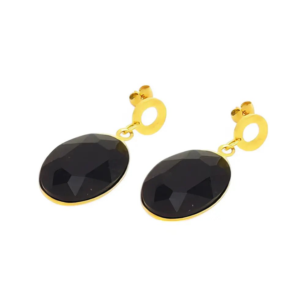 Ατσάλινα Κρεμαστά Σκουλαρίκια με Μαύρη Πέτρα Ζιργκόν 2.5cm (E3232) - charmy.gr