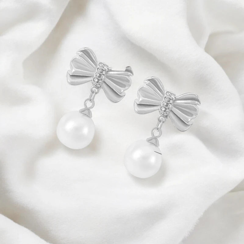 Ατσάλινα κρεμαστά σκουλαρίκια με πέρλα και ζιργκόν 3cm (E1523) - charmy.gr