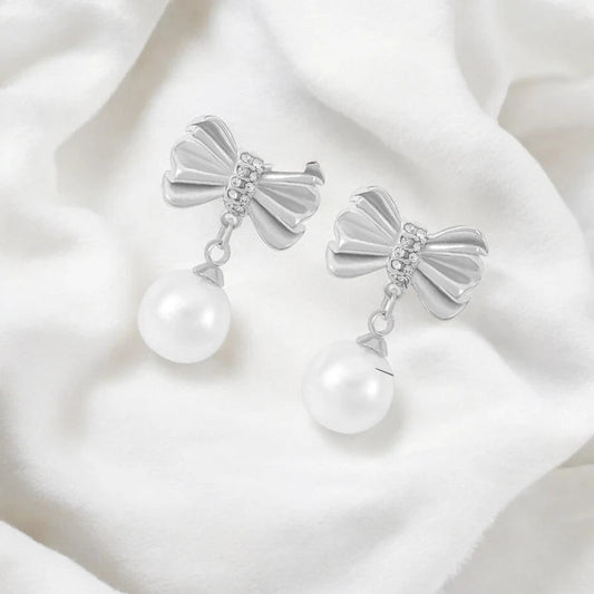 Ατσάλινα κρεμαστά σκουλαρίκια με πέρλα και ζιργκόν 3cm (E1523) - charmy.gr