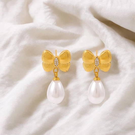 Ατσάλινα κρεμαστά σκουλαρίκια με πέρλα & ζιργκόν 3cm (E1502) - charmy.gr