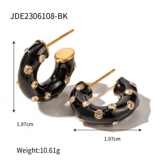 Ατσάλινα σκουλαρίκια καρφωτά με μαύρο σμάλτο και ζιργκόν 1.9εκ (E1400)