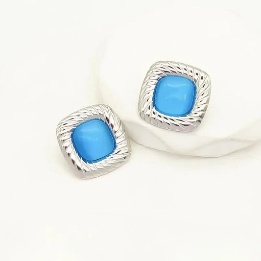 Ατσάλινα Σκουλαρίκια με Γαλάζια Πέτρα 2.2cm (E3065) - charmy.gr