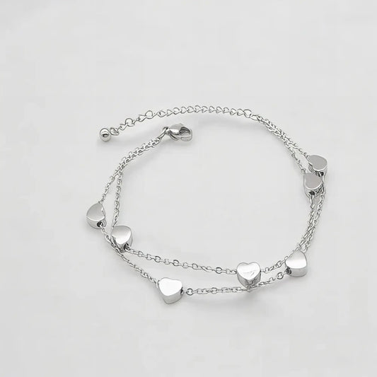 Ατσάλινη αλυσίδα χεριού διπλή ασημί με καρδιές (B3042) - charmy.gr