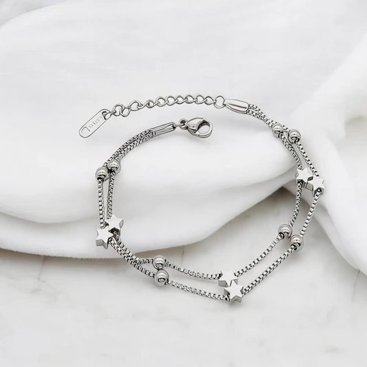 Ατσάλινη αλυσίδα χεριού διπλή με αστέρια χρώμα ασημί (B3091) - charmy.gr