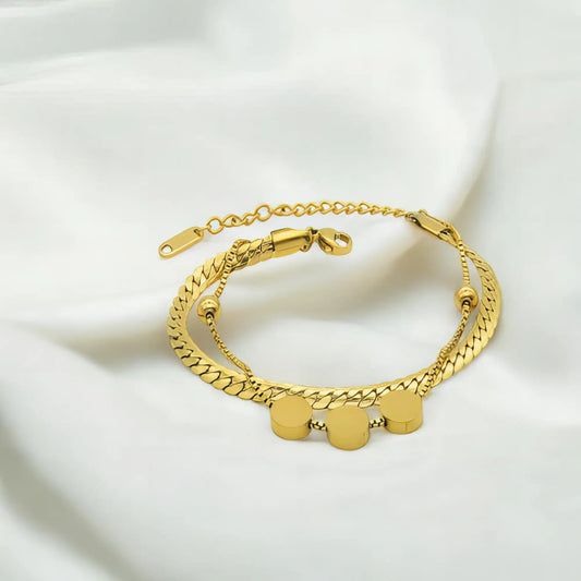 Ατσάλινη διπλή αλυσίδα χειρός επιχρυσωμένη με κυκλικά στοιχεία (B3215) - charmy.gr