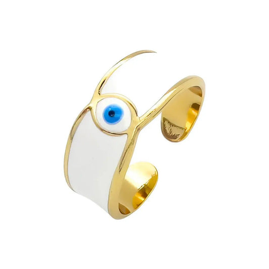 Ατσάλινο Ανοιχτό Δαχτυλίδι με Μάτι & Λευκό Σμάλτο – Χρυσή Βάση (R3137) - charmy.gr