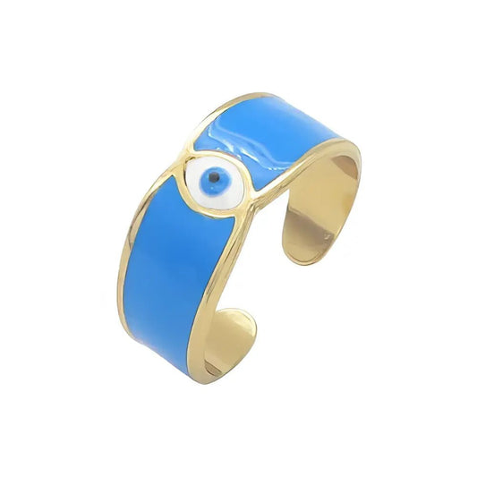 Ατσάλινο Ανοιχτό Δαχτυλίδι με Μάτι & Μπλε Σμάλτο – Χρυσή Βάση (R3136) - charmy.gr