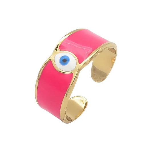 Ατσάλινο Ανοιχτό Δαχτυλίδι με Μάτι & Ροζ Σμάλτο – Χρυσή Βάση (R3138) - charmy.gr
