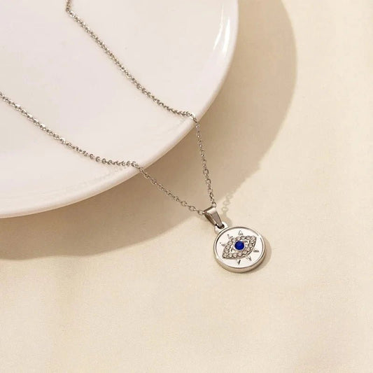 Ατσάλινο Ασημί Κολιέ με Μάτι και Αστέρι (N1794) - charmy.gr