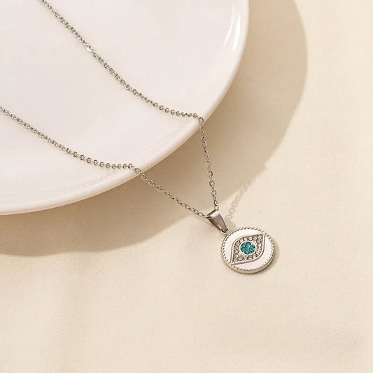 Ατσάλινο Ασημί Κολιέ με Μάτι & Τιρκουάζ Ζιργκόν (N1804) - charmy.gr