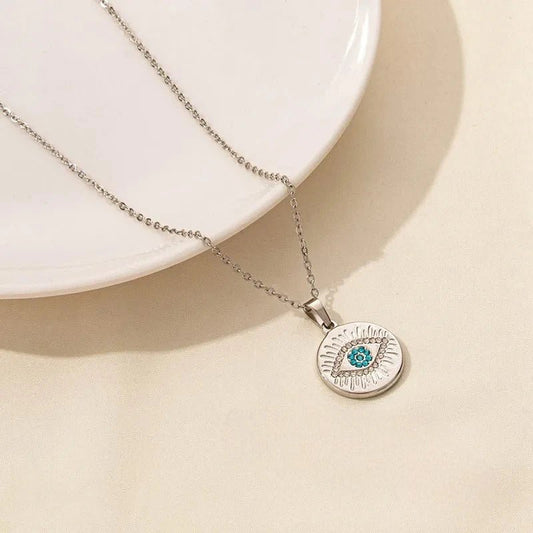 Ατσάλινο Ασημί Κολιέ με Μενταγιόν Μάτι με Ζιργκόν (N1801) - charmy.gr