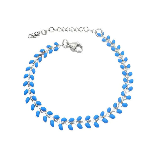 Ατσάλινο Βραχιόλι Αλυσίδα με Λεπτομέρειες Φύλλων από Μπλε Σμάλτο (B3405) - charmy.gr