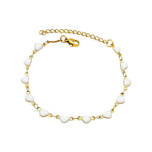 Ατσάλινο Βραχιόλι Αλυσίδα με Λευκές Καρδιές από Σμάλτο (B3396) - charmy.gr