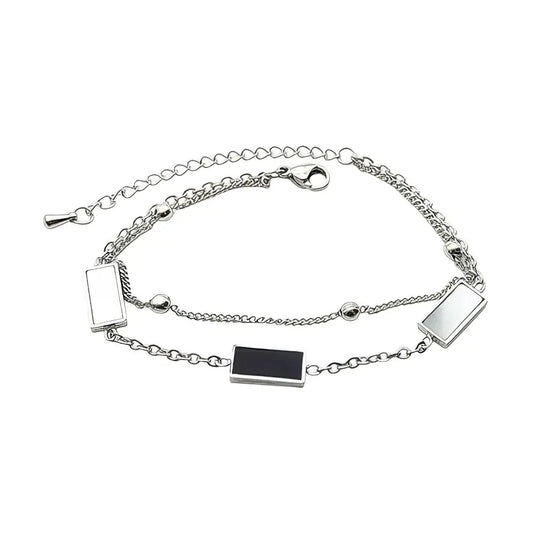Ατσάλινο Βραχιόλι Διπλής Αλυσίδας με Ορθογώνιες Πέτρες (Λευκό & Μαύρο) (B3400) - charmy.gr