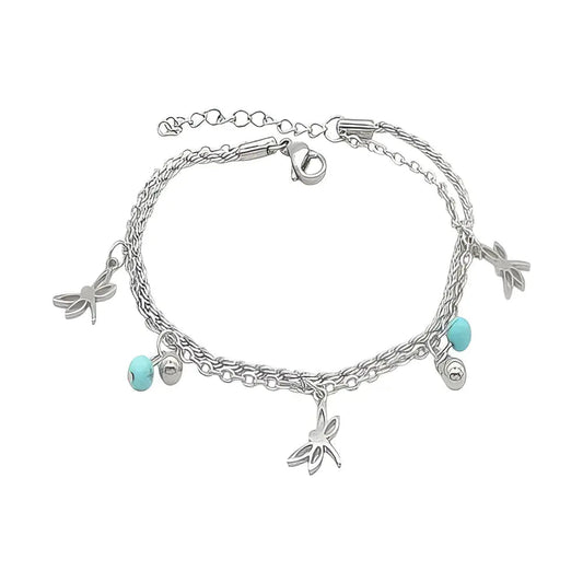 Ατσάλινο Βραχιόλι Διπλής Αλυσίδας με Τυρκουάζ Χάντρες και Κρεμαστές Λιβελούλες (B3402) - charmy.gr