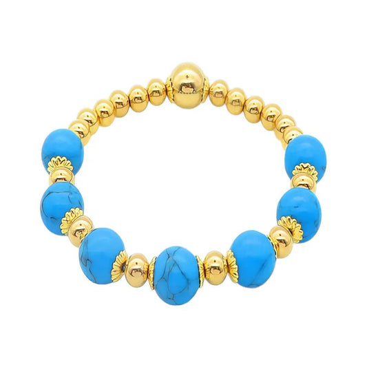 Ατσάλινο Βραχιόλι Ελαστικό με Μπλε Χάντρες και Χρυσές Λεπτομέρειες (B3415) - charmy.gr