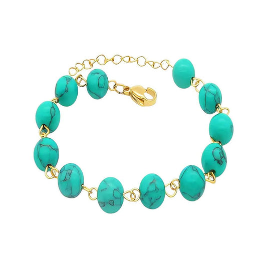 Ατσάλινο Βραχιόλι με Aquamarine Χάντρες και Χρυσή Αλυσίδα (B3416) - charmy.gr