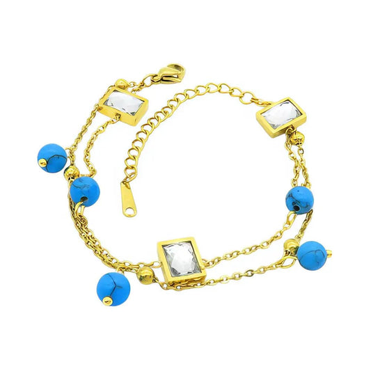 Ατσάλινο Βραχιόλι με Διπλή Αλυσίδας με Τυρκουάζ Χάντρες & Κρυστάλλινες Πέτρες (B3394) - charmy.gr