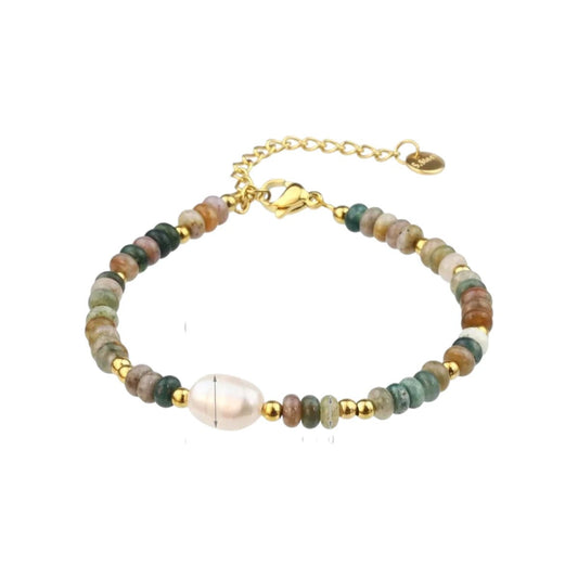 Ατσάλινο βραχιόλι με μαργαριτάρι του γλυκού νερού και χάντρες (B1673) - charmy.gr