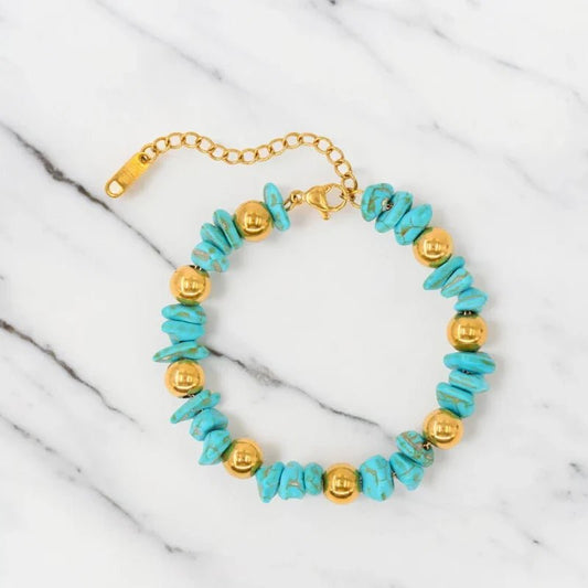 Ατσάλινο βραχιόλι με τυρκουάζ πέτρες και χρυσές χάντρες (B1656) - charmy.gr