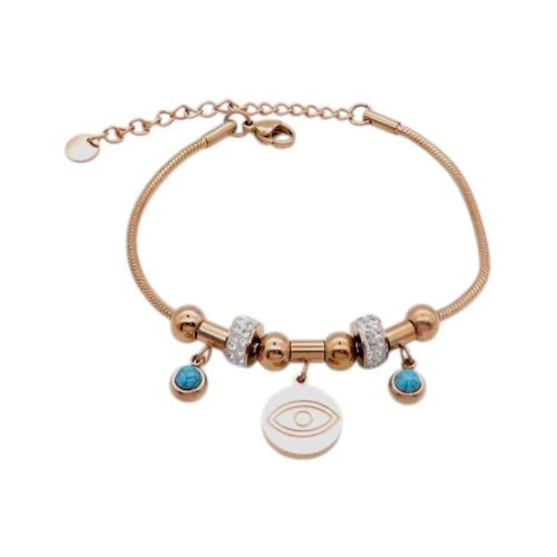 Ατσάλινο Βραχιόλι σε Ροζ Χρυσό με Μάτι και Τιρκουάζ Λεπτομέρειες (B3476) - charmy.gr