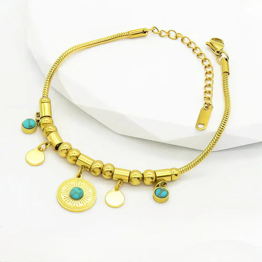 Ατσάλινο Βραχιόλι Snake Chain με Γούρια και Τυρκουάζ Λεπτομέρειες (B3393) - charmy.gr